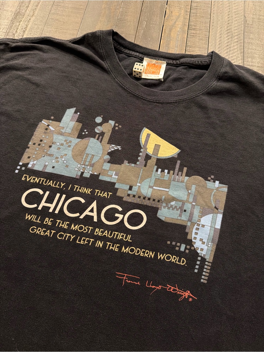 Rare Vintage Frank Lloyd Wright Black T-Shirt with Multicolor Chicago Graphic